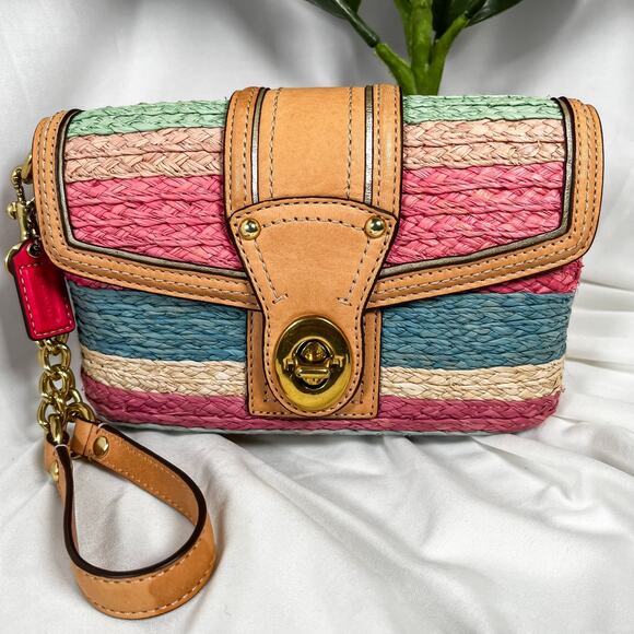 COACH Multicolor Straw Turnock Wristlet Bag Leather Trim Wristlet Rare - Picture 1 of 11